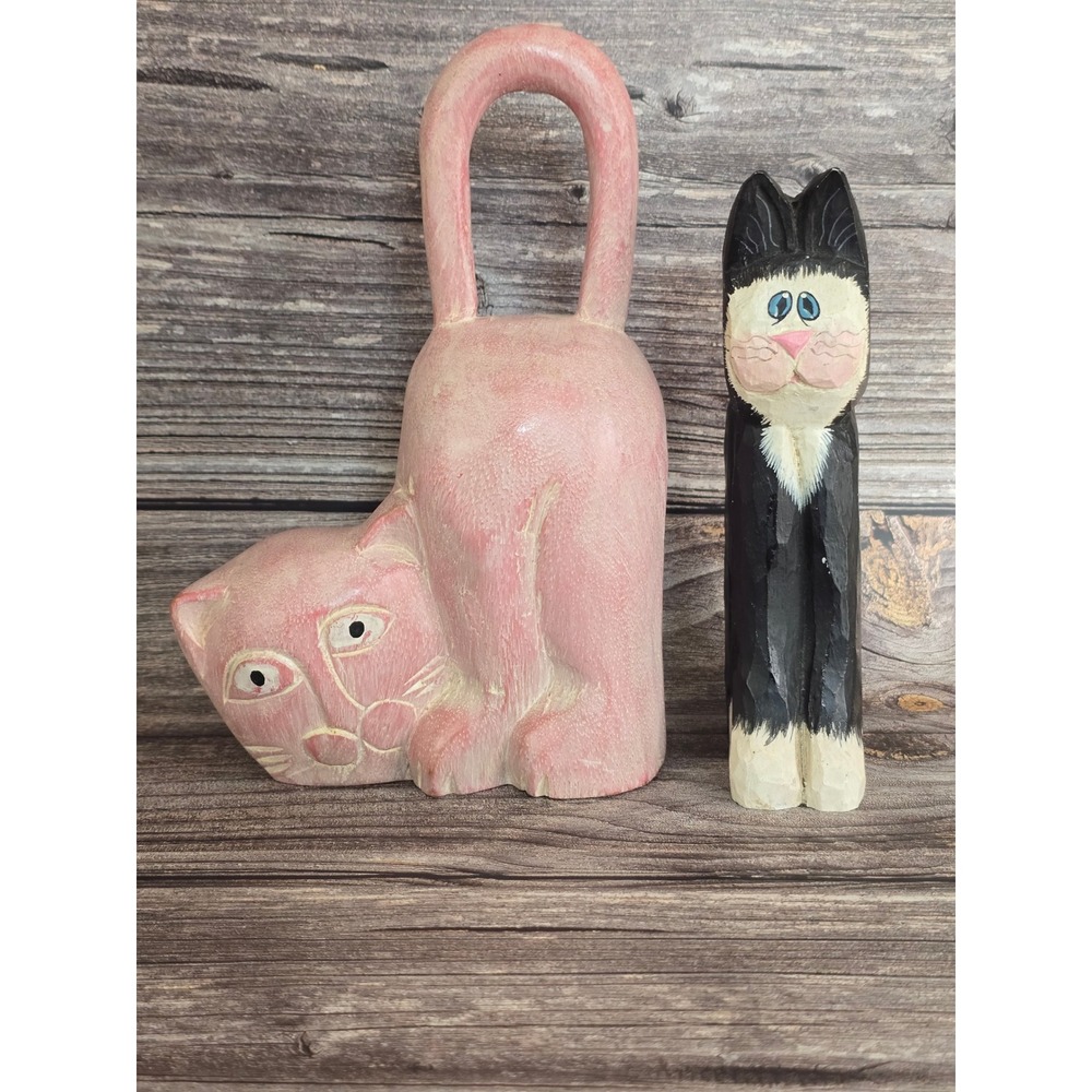 Vintage Hand Carved Wooden Cat Figurines Pink and Black Tuxedo Folk Art Set of 2